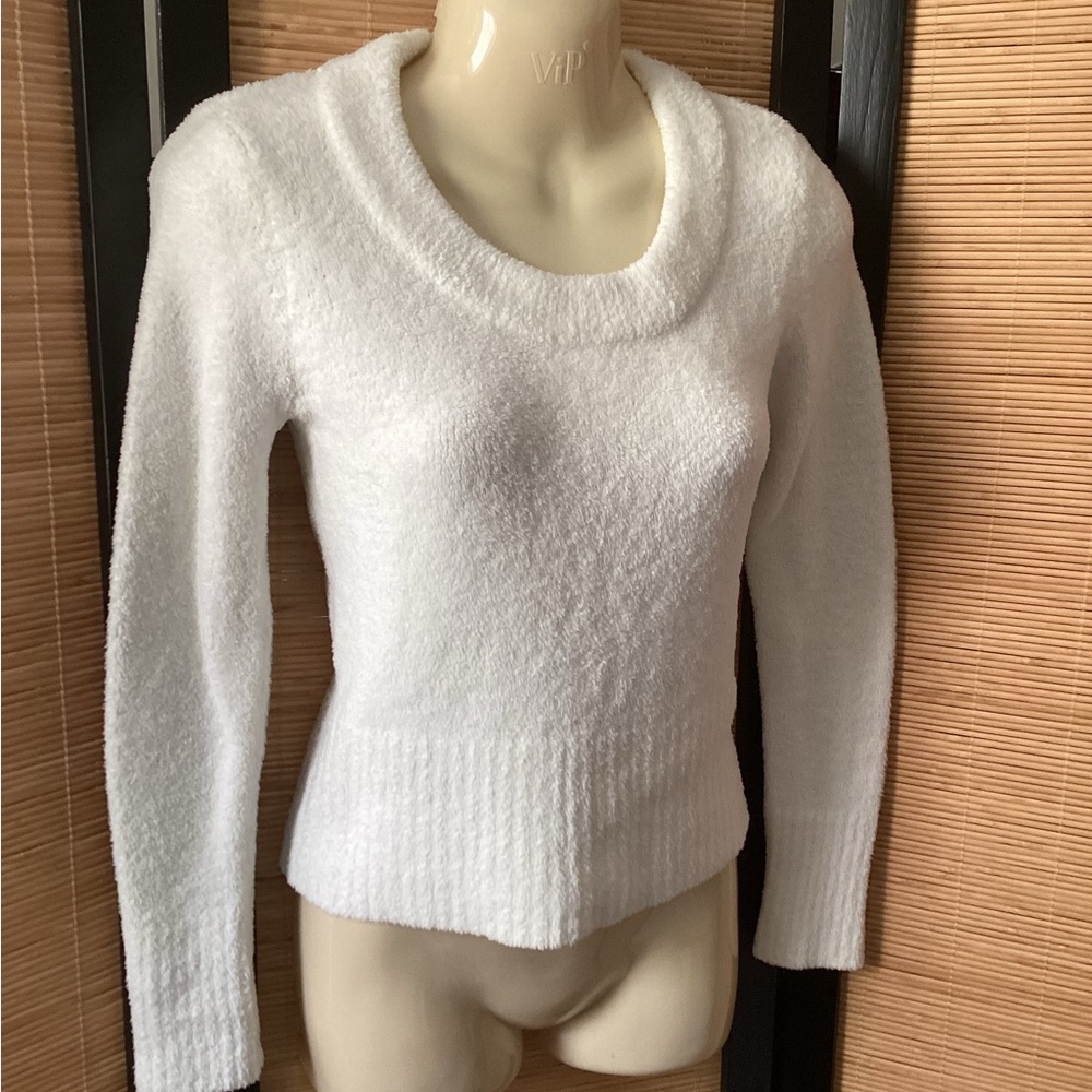 Y2K Cropped Fuzzy Sweater Sz S white stretchy scoop neck Like New